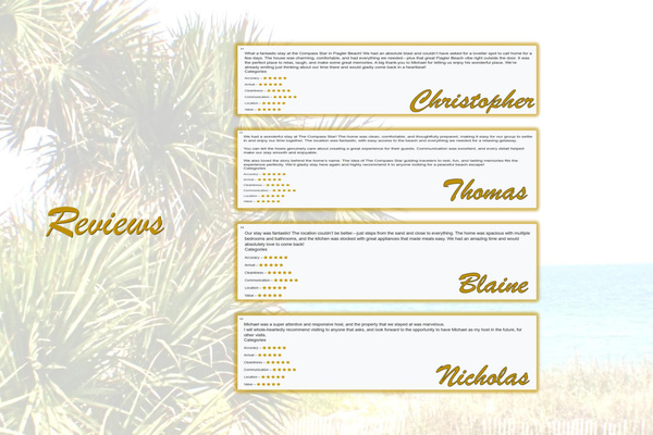 Reviews from our guests.  You'll love your trip to The Compass Star too!