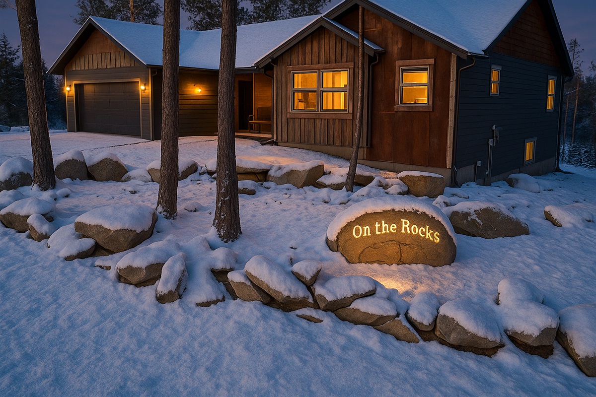 A warm, rustic welcome at On the Rocks, glowing under a fresh layer of snow.