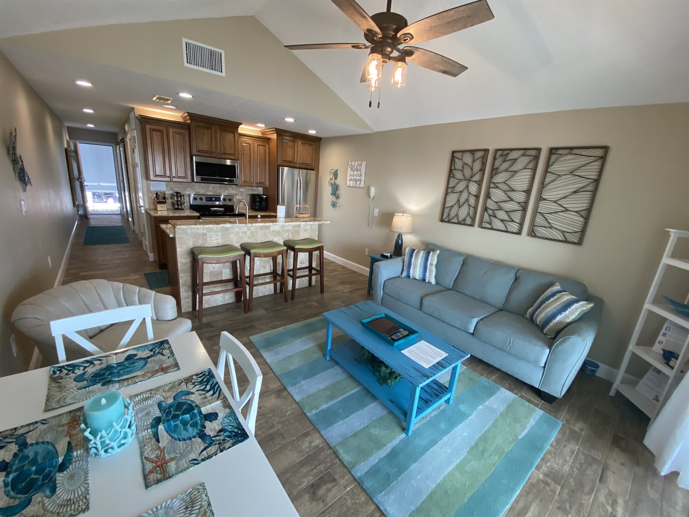 Living and Dining Area with bar seating off of kitchen!