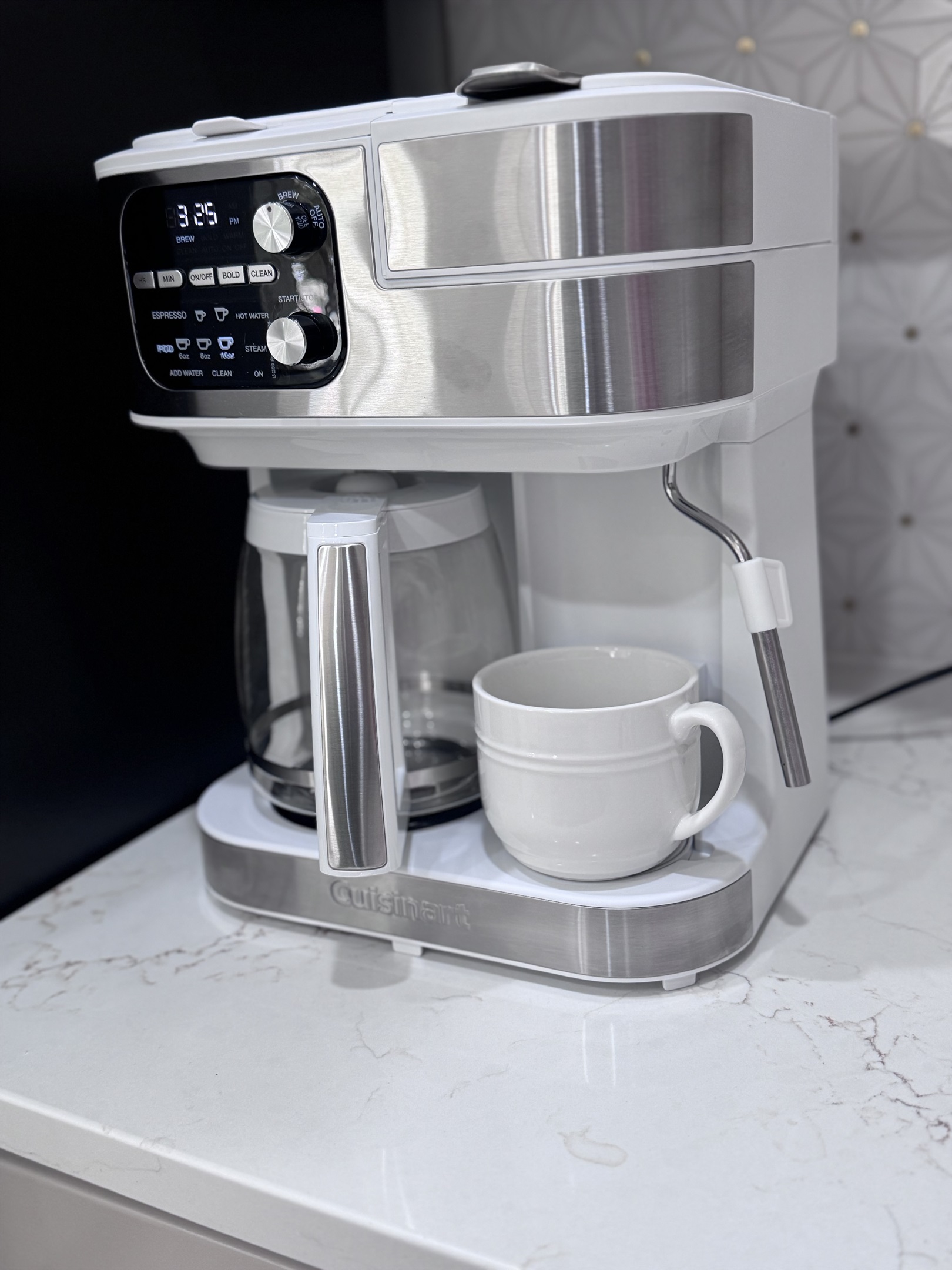 4-1 coffee maker; makes drip coffee, either single K-cup or whole pot, espresso, and milk frother wand. (Coffee set up featured)