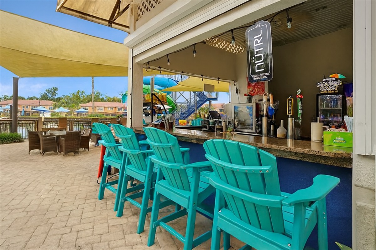 With a colorful tiki bar!