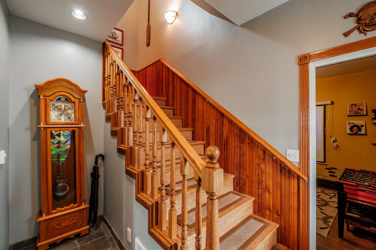 Solid oak hand-crafted stairs from main entry
