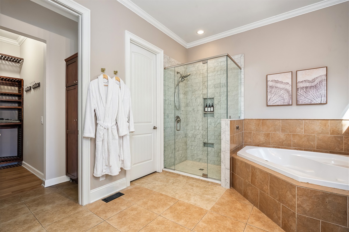 Full bathroom layout with separate tub and shower - functional setup for longer or larger stays