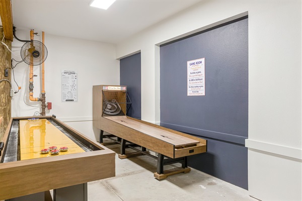 Skee ball, Shuffleboard, Connect Four, and XL Jenga