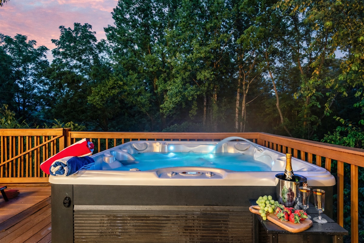 Relax and recharge in the private hot tub after a day of exploring.