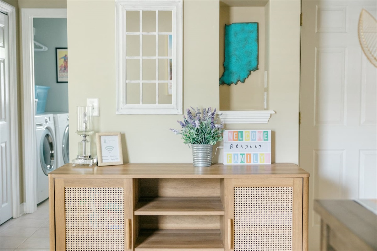 Welcome table where you will find wifi information and access to our online guidebook. 