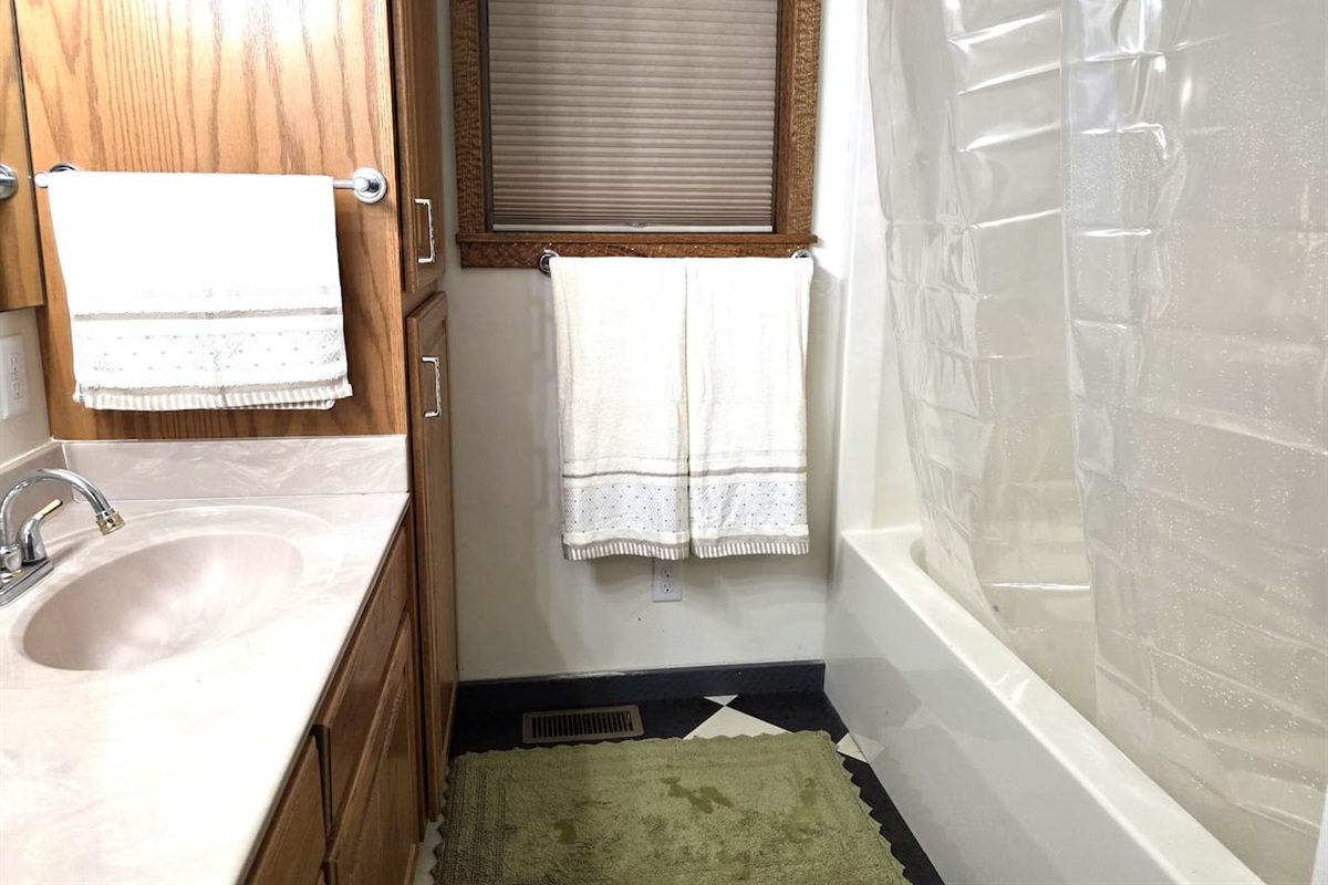 Downstairs bathroom with tub/shower, double sinks and toilet