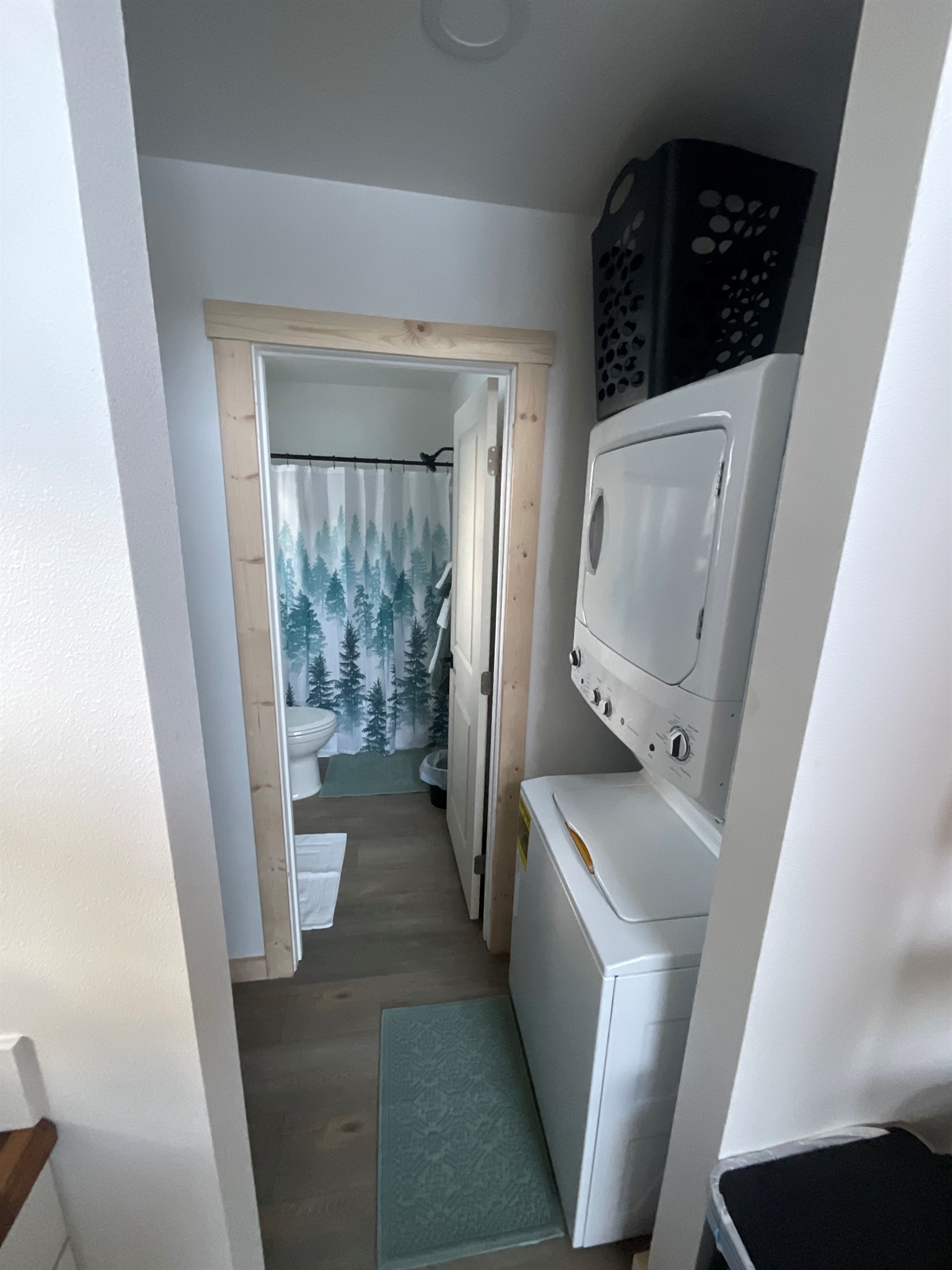 Washer/Dryer located just outside of the bathroom door.