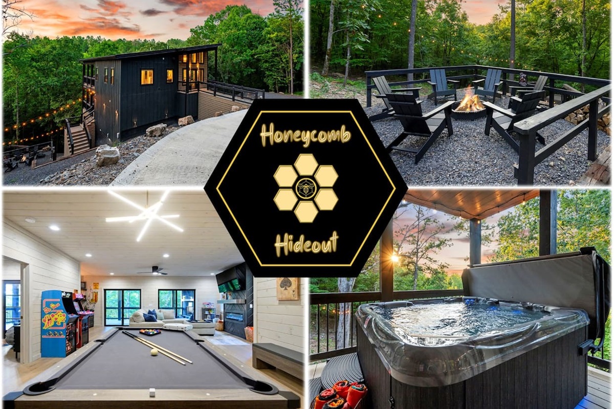 The Honeycomb Hideout is a modern mountain cabin that sits above a creek.  Amenities include a 7 person hot tub, fire pit w/chairs, a game room with a pool table, ping pong and arcades plus a balcony offering incredible long range sunset views.