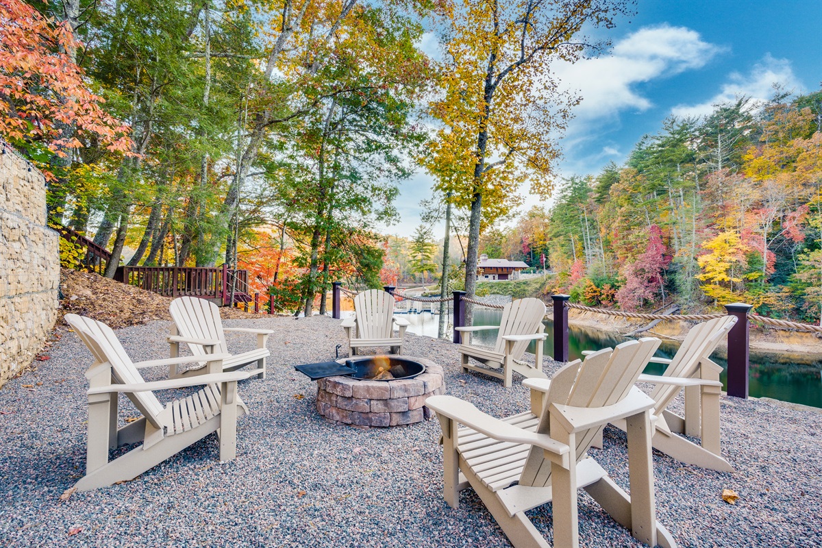 Firepit with cooking grate and roasting forks, Adirondack chairs