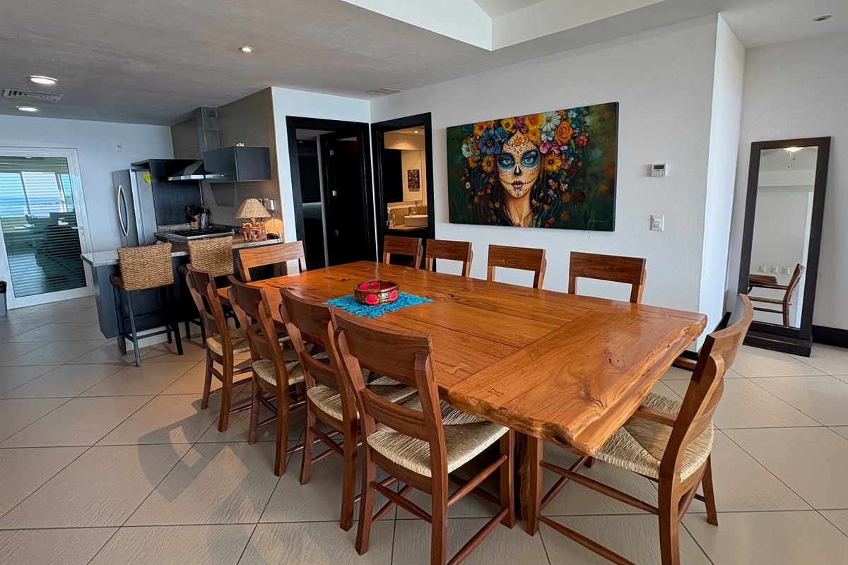 Dining table area, Kitchen and bedroom entrance