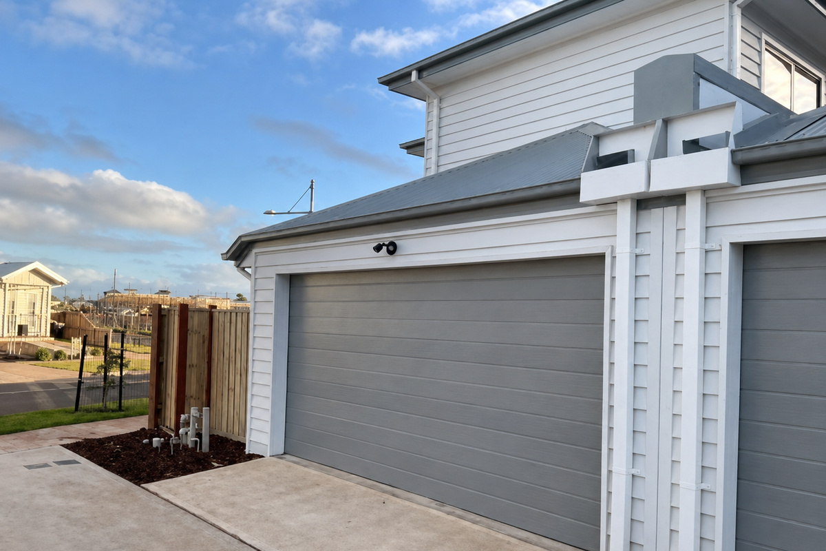 Driveway and garage with a roller door, giving the home its own off-street parking.
