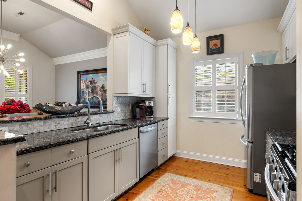 Well Stocked and supplied. Good Appliances.  Gas range. Stainless and Granite.