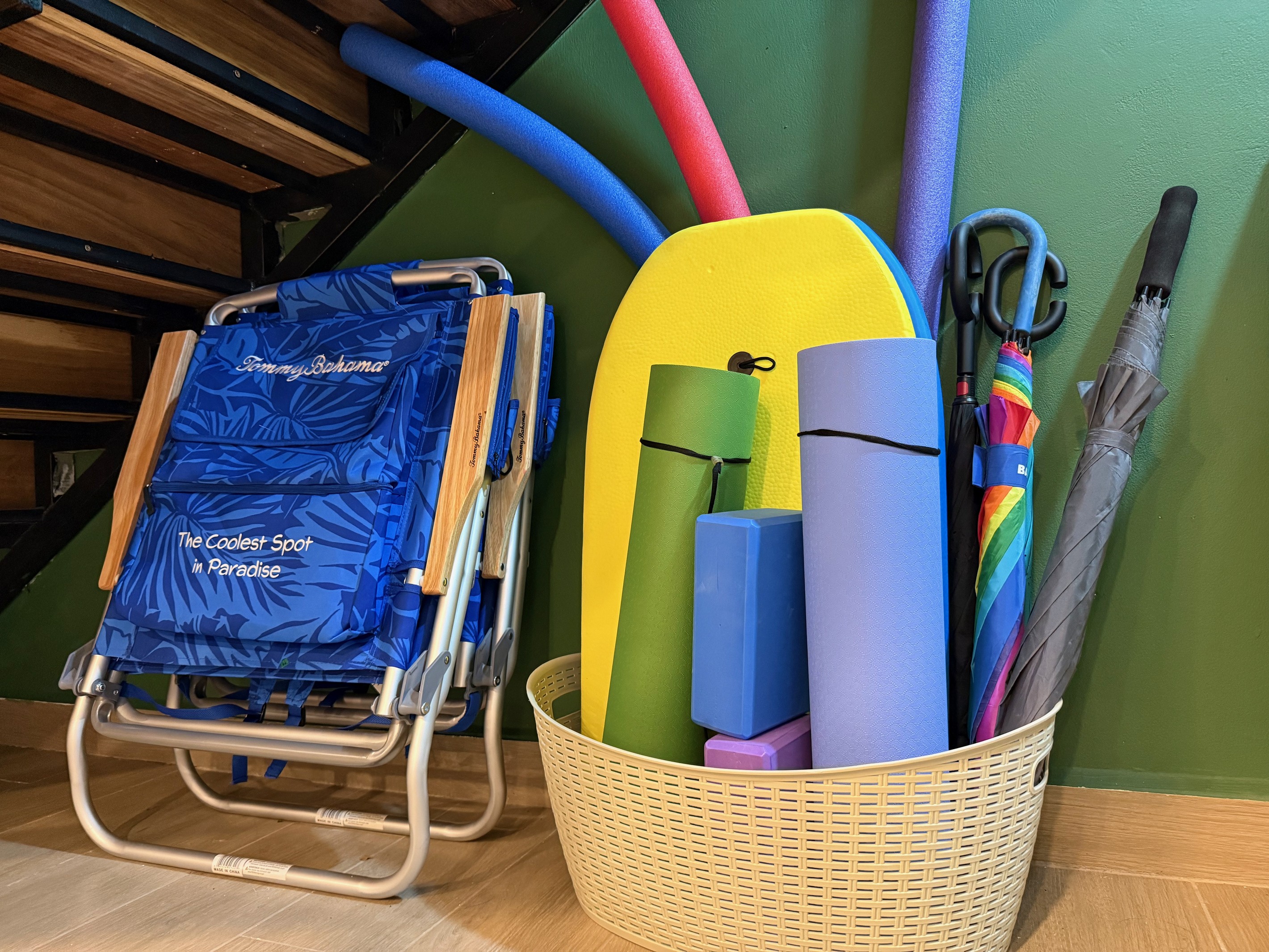 Beach chairs, boogie board, pool noodles, yoga mat, umbrellas. Grab and go.