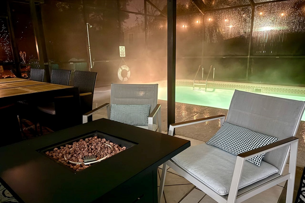 Fire table and warm pool water will keep you wanting to sit outdoors for hours.  Featuring lots of covered space under lanai. #outdoorVibes #SpringHillAirbnb #OutdoorOasis #UniqueStay #instaworthy 