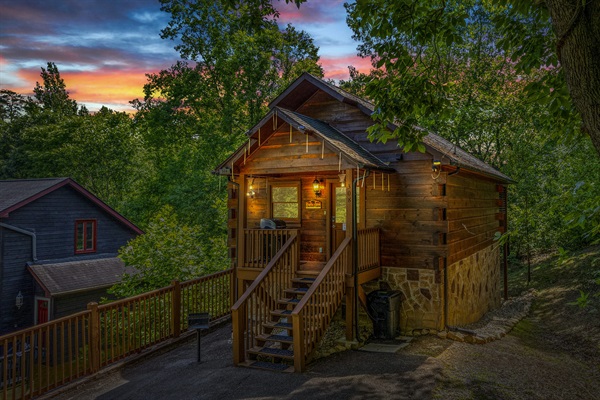 Front of the cabin at dusk