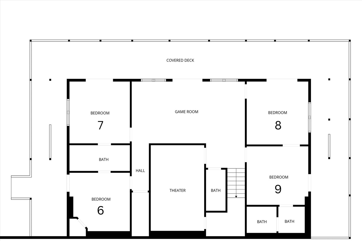 Lower Floor:  Bedroom 6 is a king bedroom, Bedroom 7 & 8 each have two full over full bunk beds (for up to 16 kids!), Bedroom 9 has a king bedroom and private bathroom.  Enjoy the movie theater and arcade!