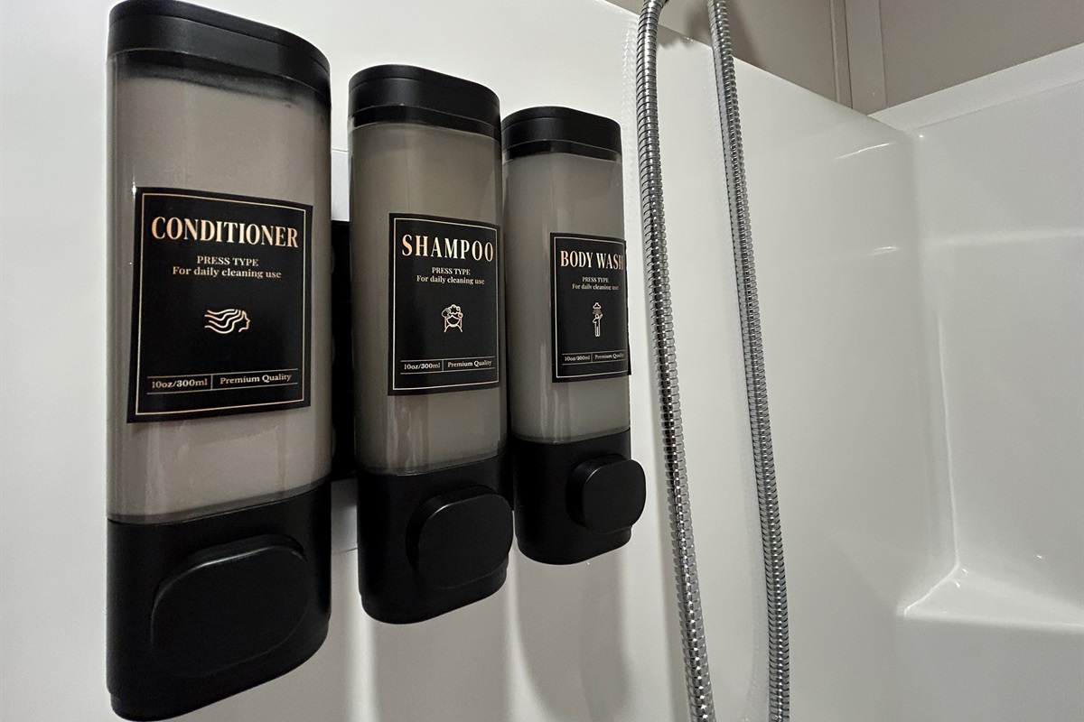 Shampoo, conditioner and body wash in each bathroom