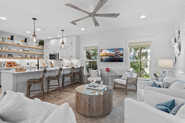 Living room - Enough seating for seven, plus four more at the kitchen counter