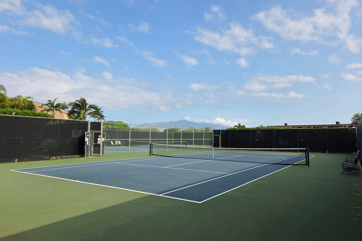 Two tennis courts, sign-up sheet just outside the courts