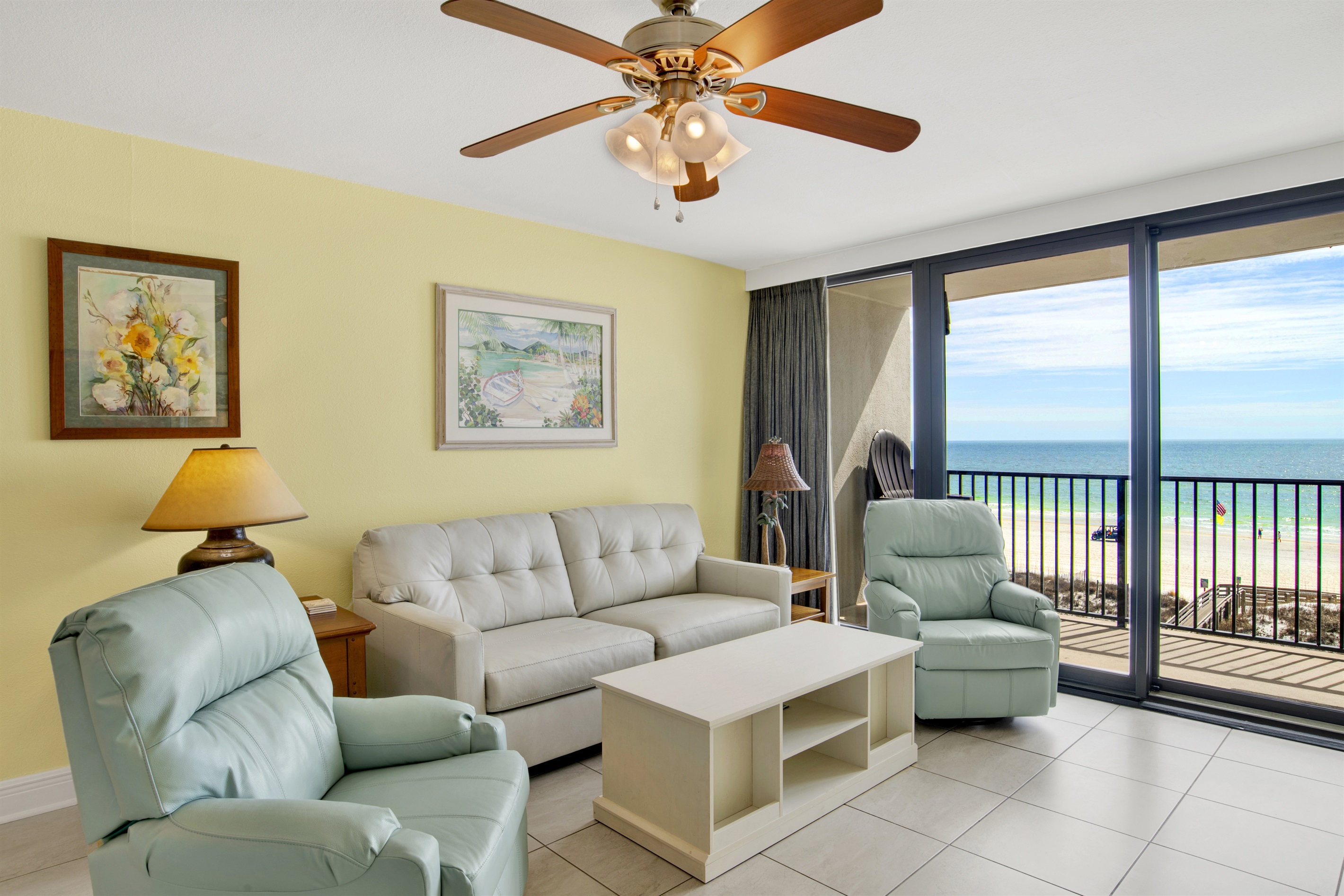 YOU can experience this BREATHTAKING view in our Living Room with a leather double sleeper sofa, 2 leather swivel/rocking recliners, 55" wall mounted Smart TV and balcony access!