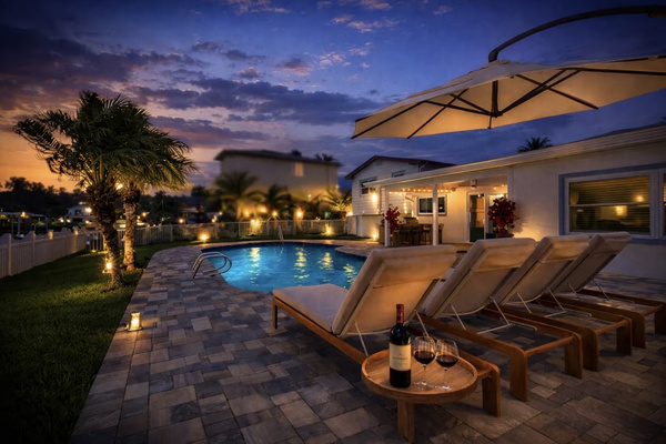 Outdoor lounge and pool deck perfect for relaxing after a day on the water