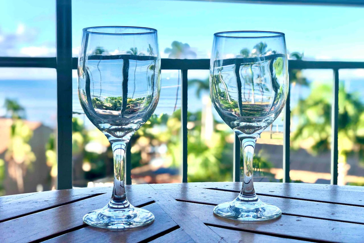 Gorgeous  ocean and Haleakala Mountain views from outdoor lanai dinner table. 
