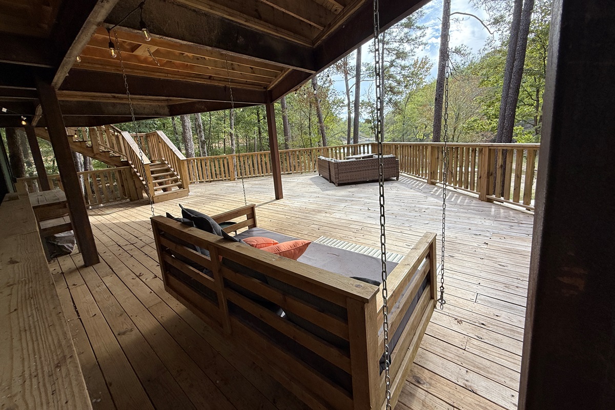Massive lower deck for naps, hanging out, cornhole, reading, bird watching or just to be.