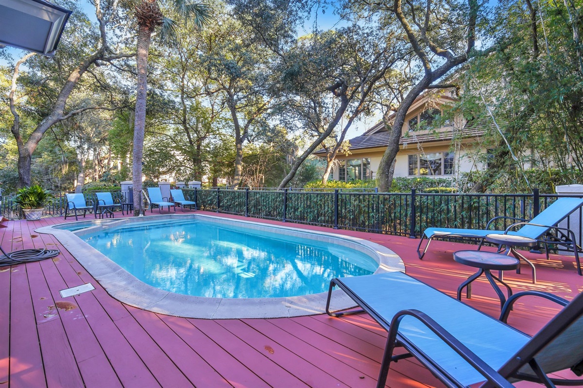 large deck is great for entertaining, pool is 30' L X 12' W and ranges from 3' - 6' deep