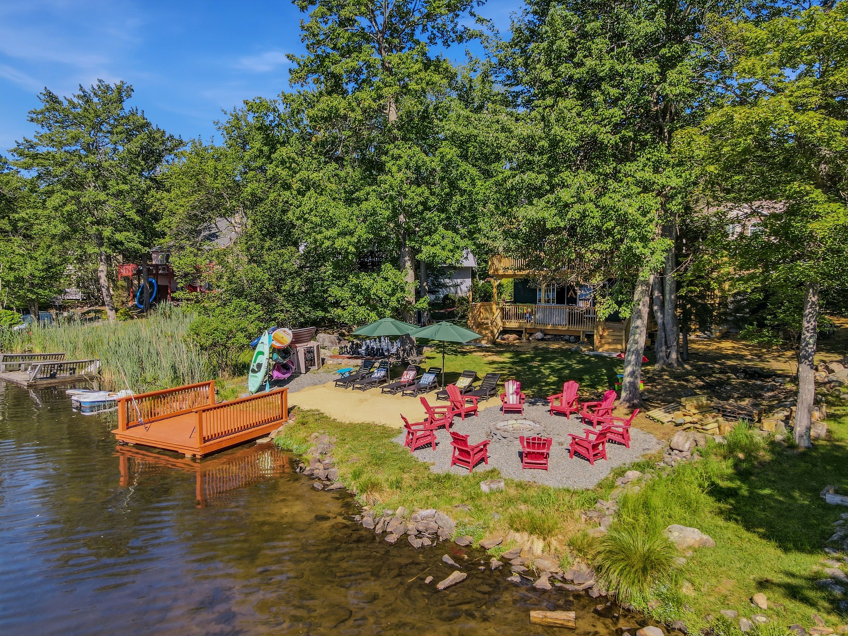 Aerial view of the private dock, shoreline seating, and kayak storage along Lake Carobeth