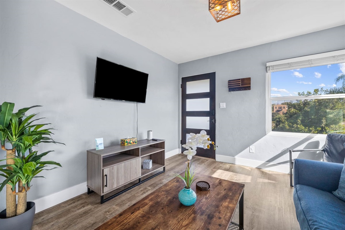 Relax in our stylish living room featuring an elegant sofa bed, TV, beautiful decor, and lush indoor plants. Enjoy natural light and a scenic window view for a cozy, inviting atmosphere during your stay!