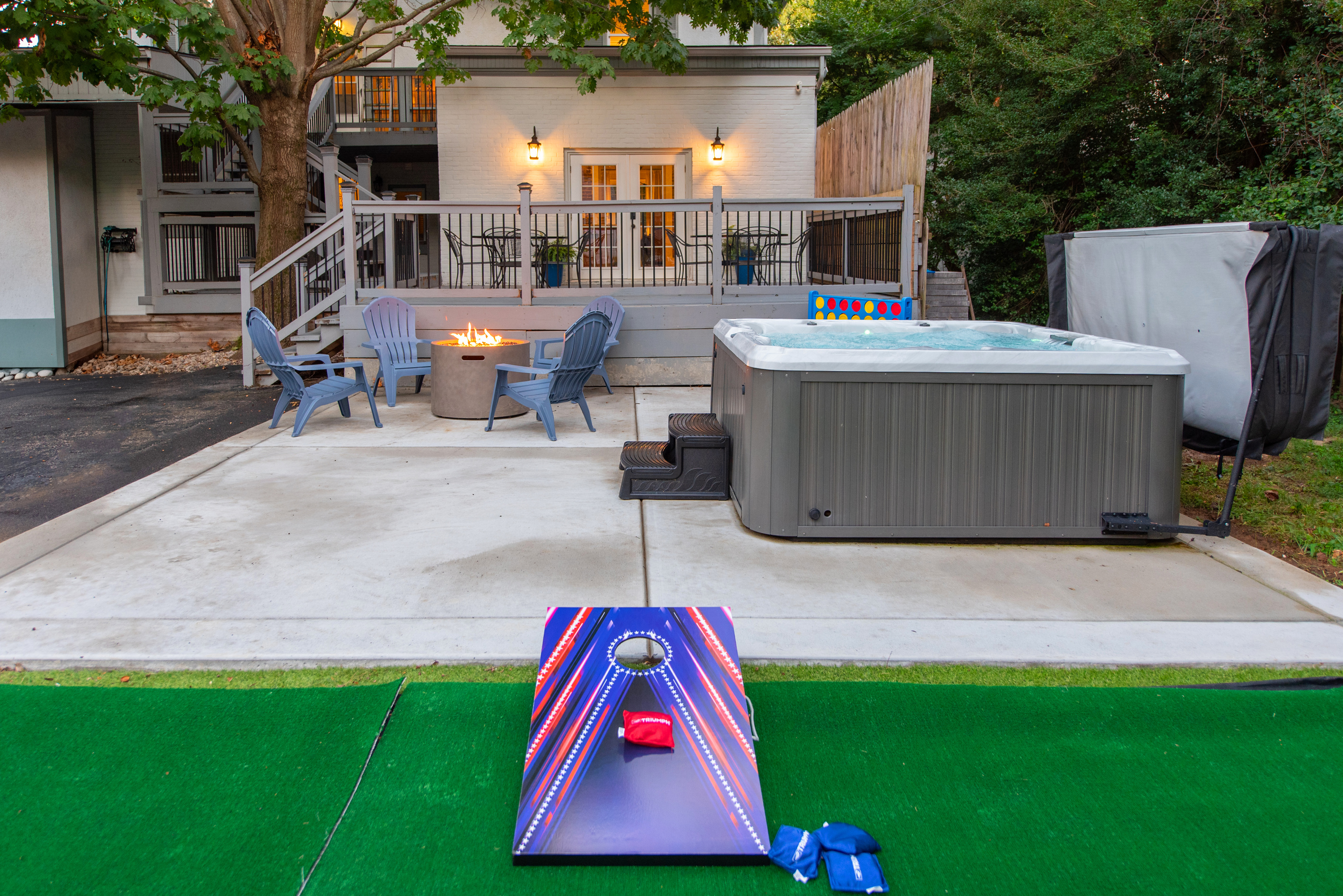 Hot tub, fire pit and back deck area