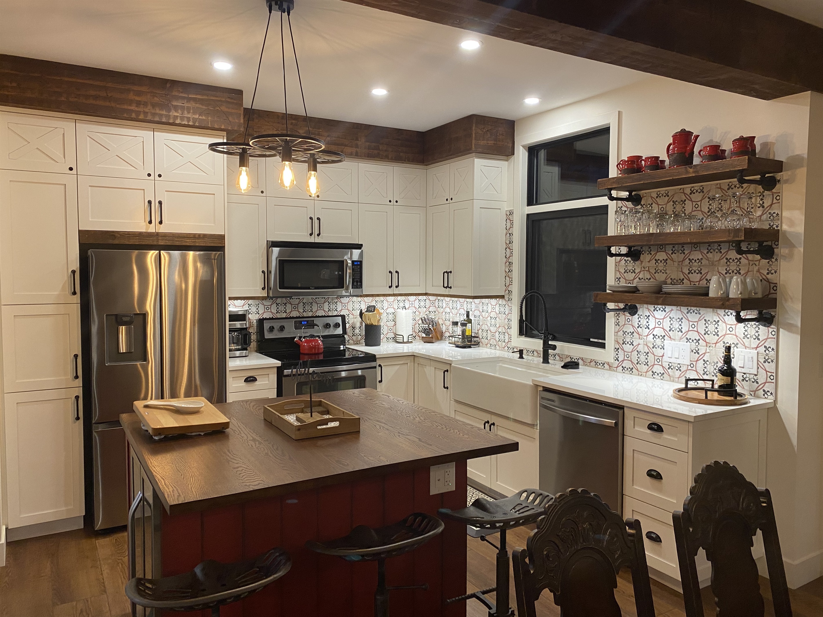 Handy kitchen island with seating next to dining area table