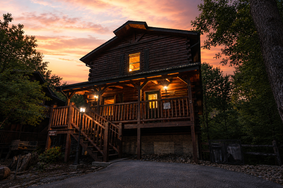 Gatlinburg Enchantment, your quintessential Smoky Mountain retreat. This stunning multi-level log cabin features classic Appalachian architecture and flat parking, all set against the backdrop of world-class Tennessee sunsets.