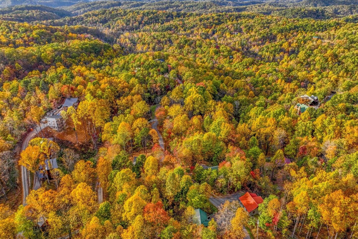 An aerial view of a serene autumn landscape, where vibrant hues of gold, orange, and red blanket the forest. Cozy cabins nestle among the trees, with majestic mountains rising in the distance.