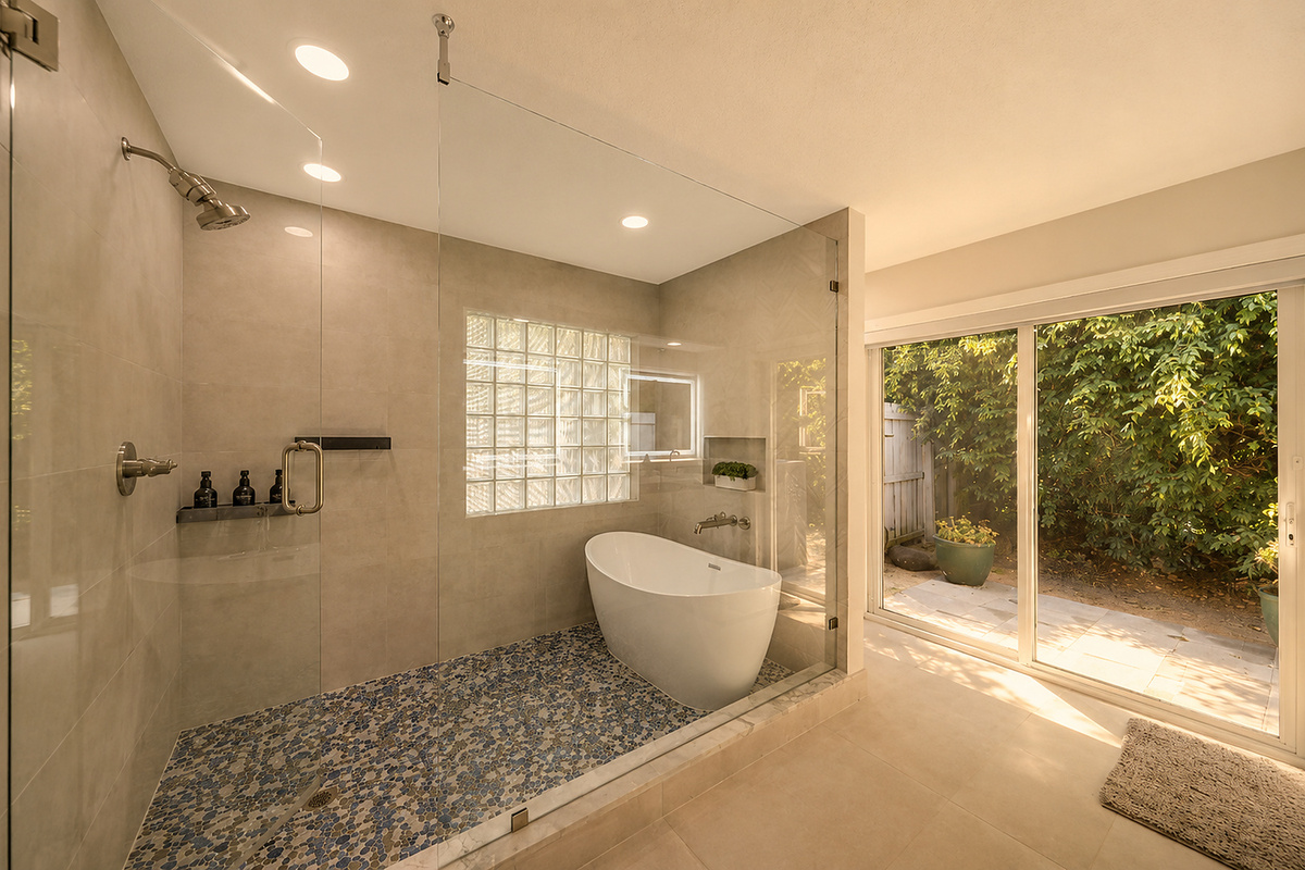 Unwind in a spa-style bathroom with a soaking tub, glass shower, blue mosaic floor, and private garden-facing doors.