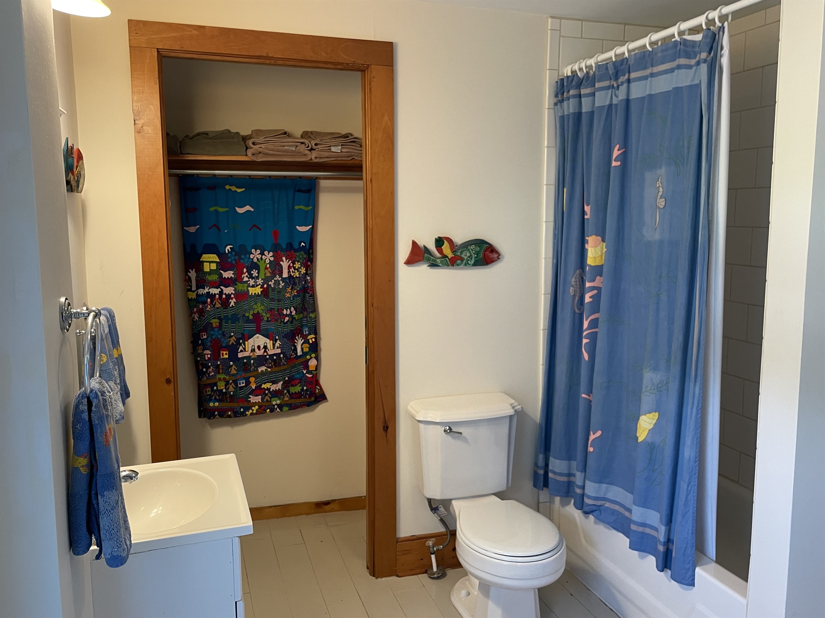 Jack and Jill bath with tub shower between bunk rooms