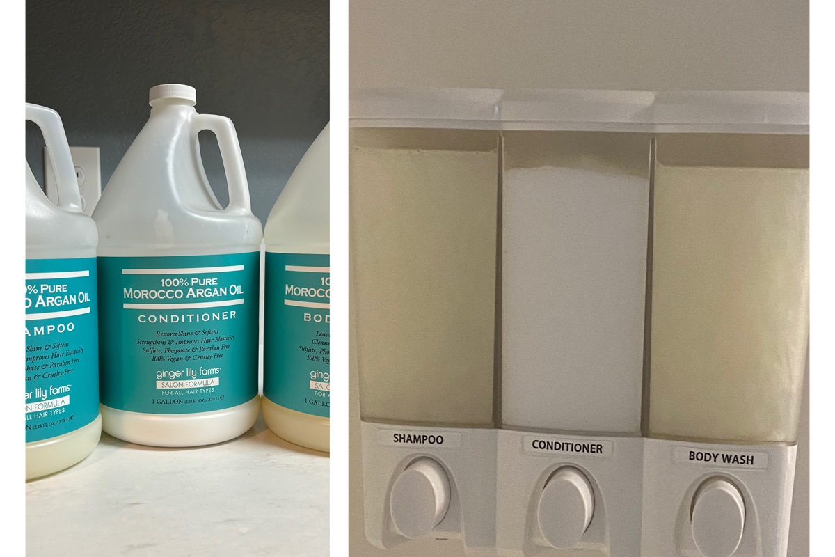 Each shower has soap dispenser with Morocco Argan Oil shampoo/conditioner/body wash