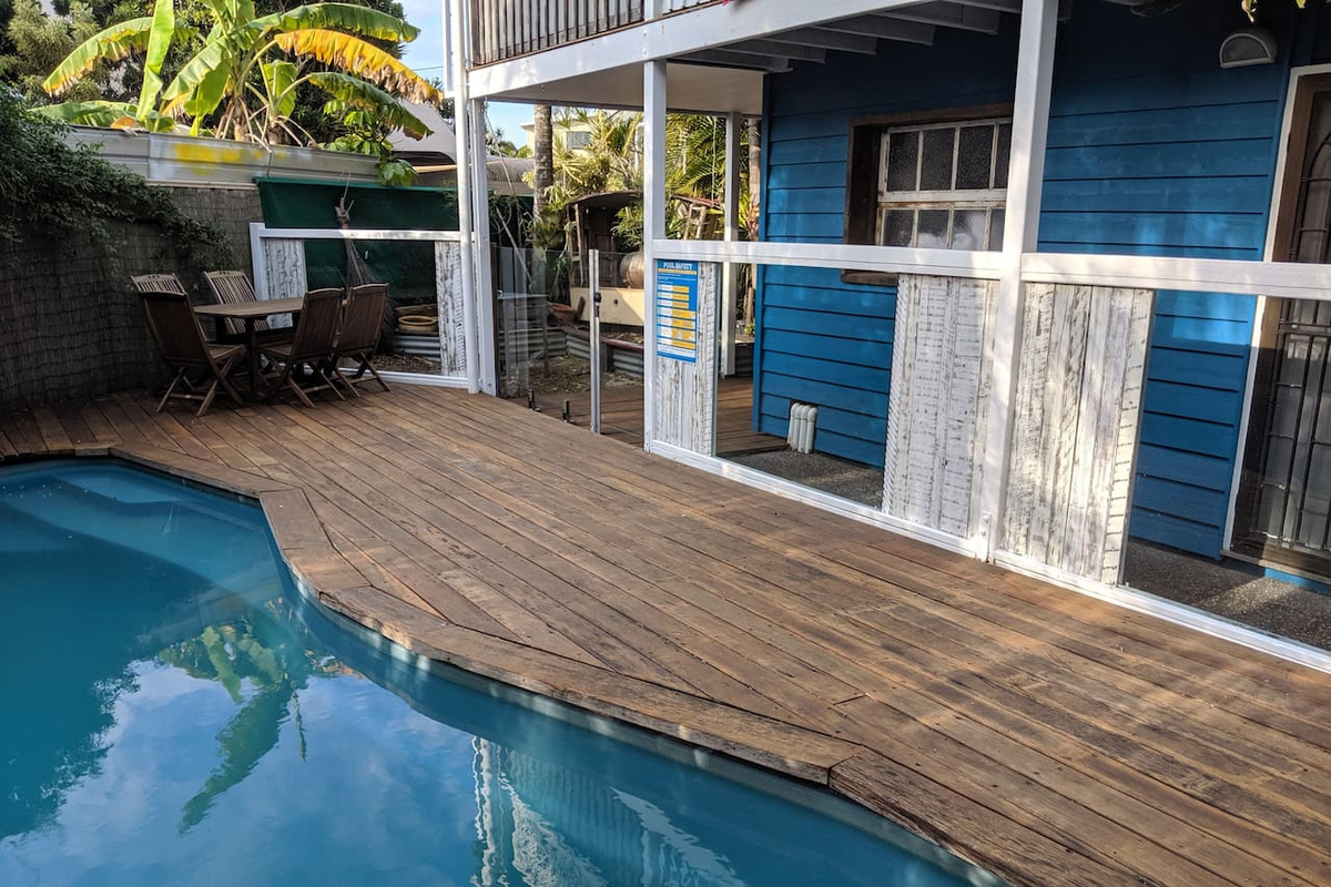 The pool and adjoining deck add another outdoor living space at Aaron's Beachside Boat House, complementing its relaxed Marcoola beachside location.