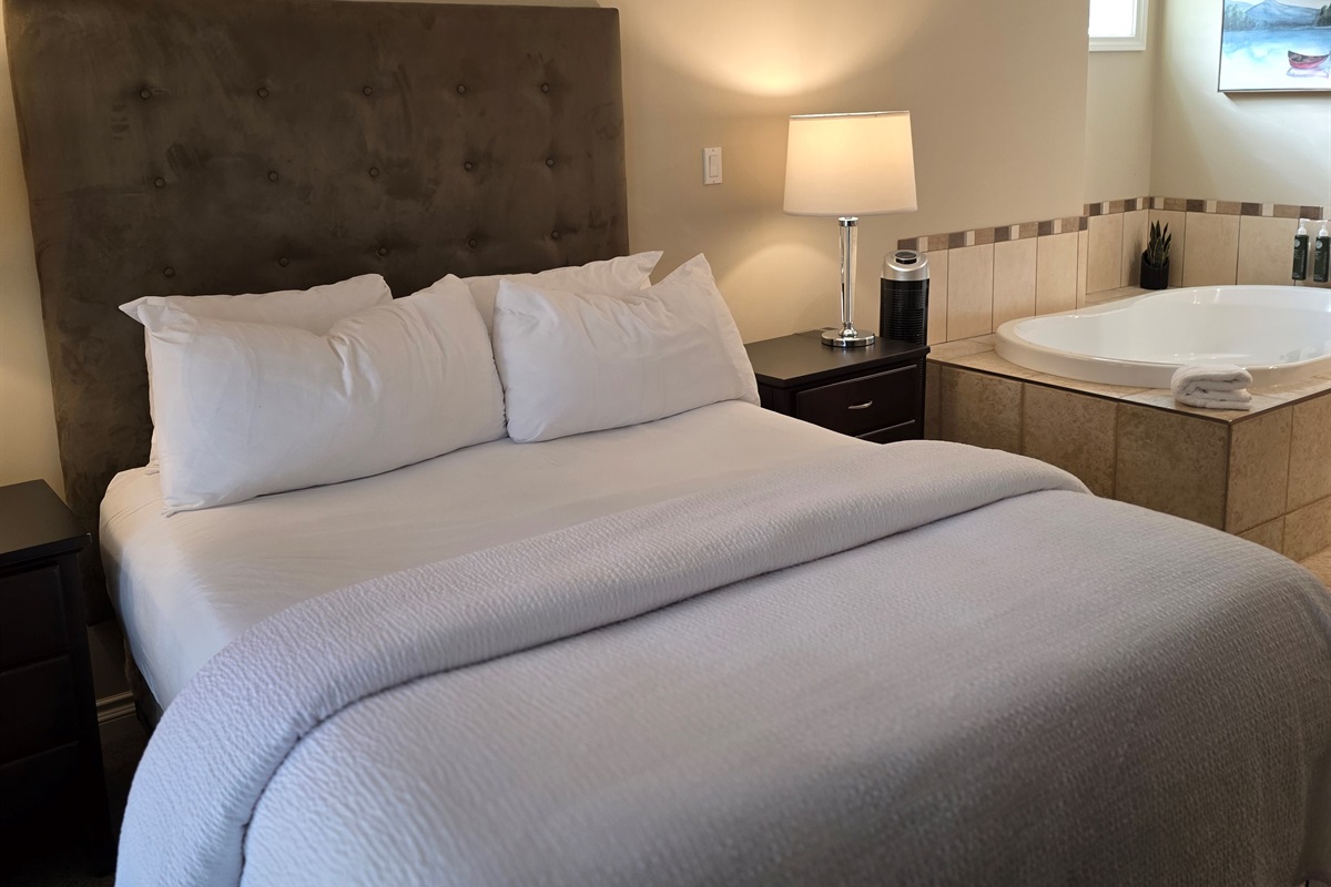 Primary Queen Suite with soaker Tub and glass doors to patio.