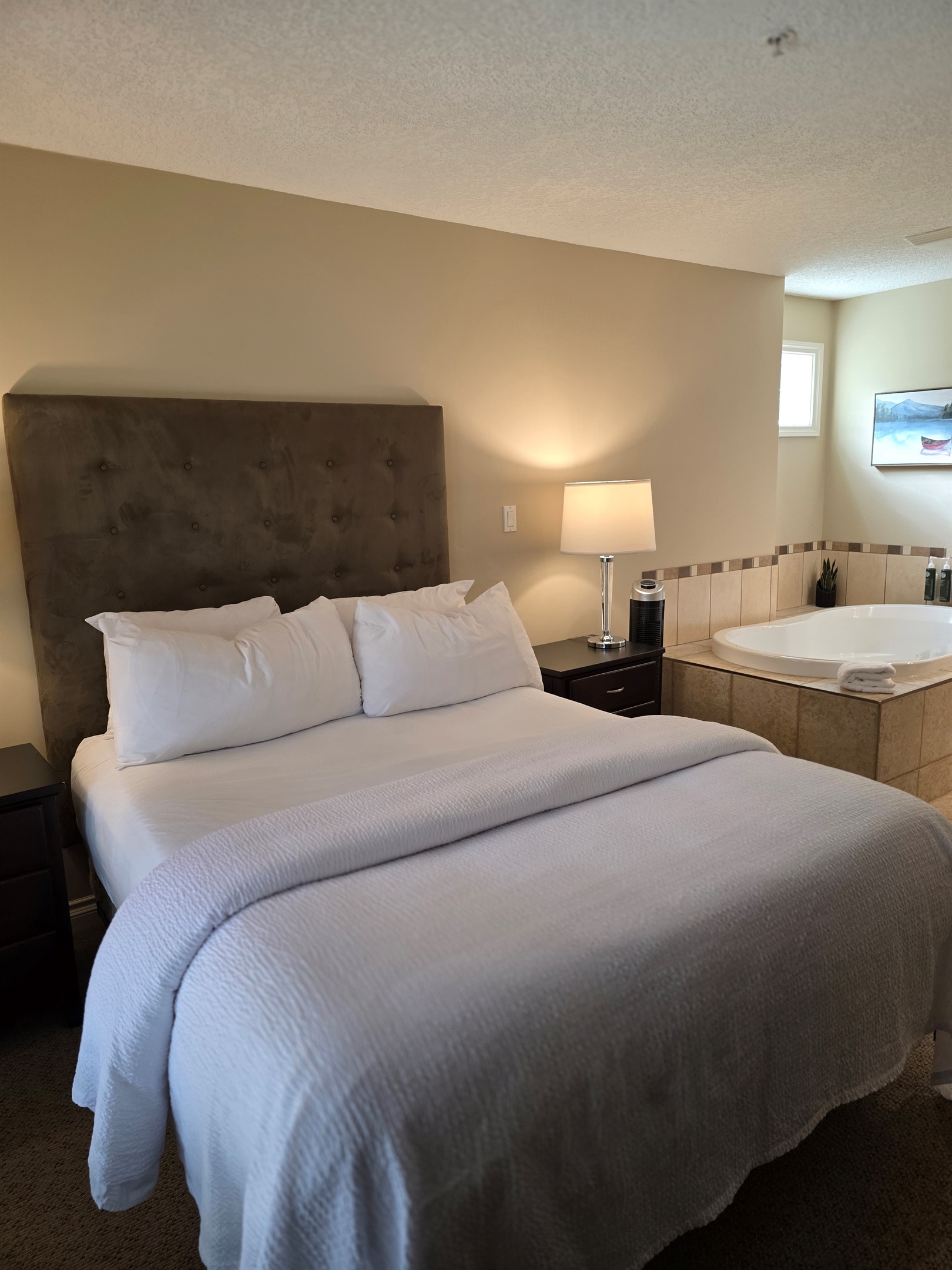 Primary Queen Suite with soaker Tub and glass doors to patio.
