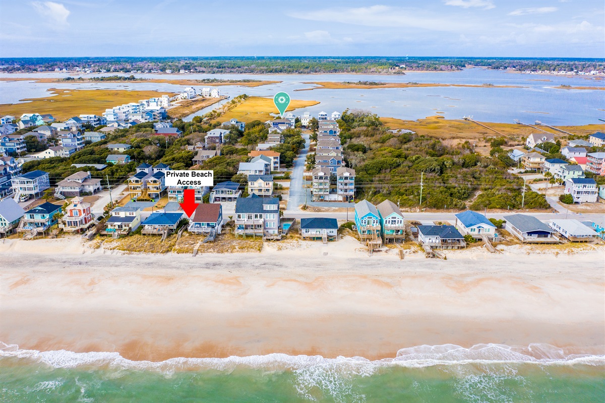 Aerial look at the private beach access and the stunning coastline