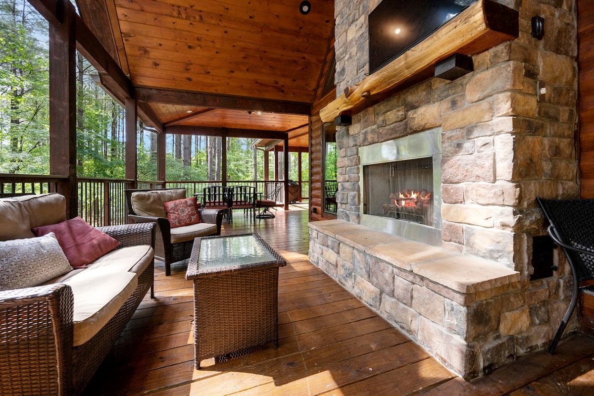 A propane fireplace is a cozy addition and will allow outdoor viewing on the tv