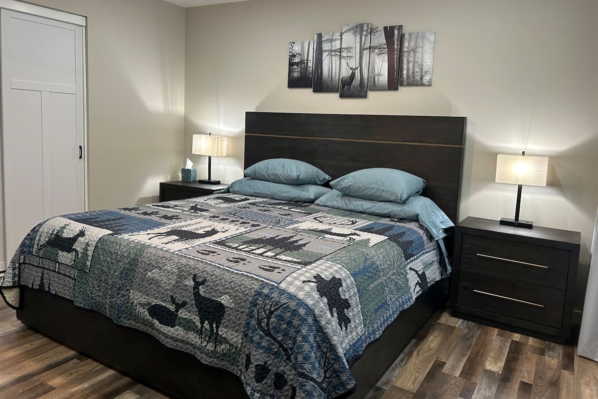 King size bed, dimmable lights, room darkening curtains and ceiling fan.