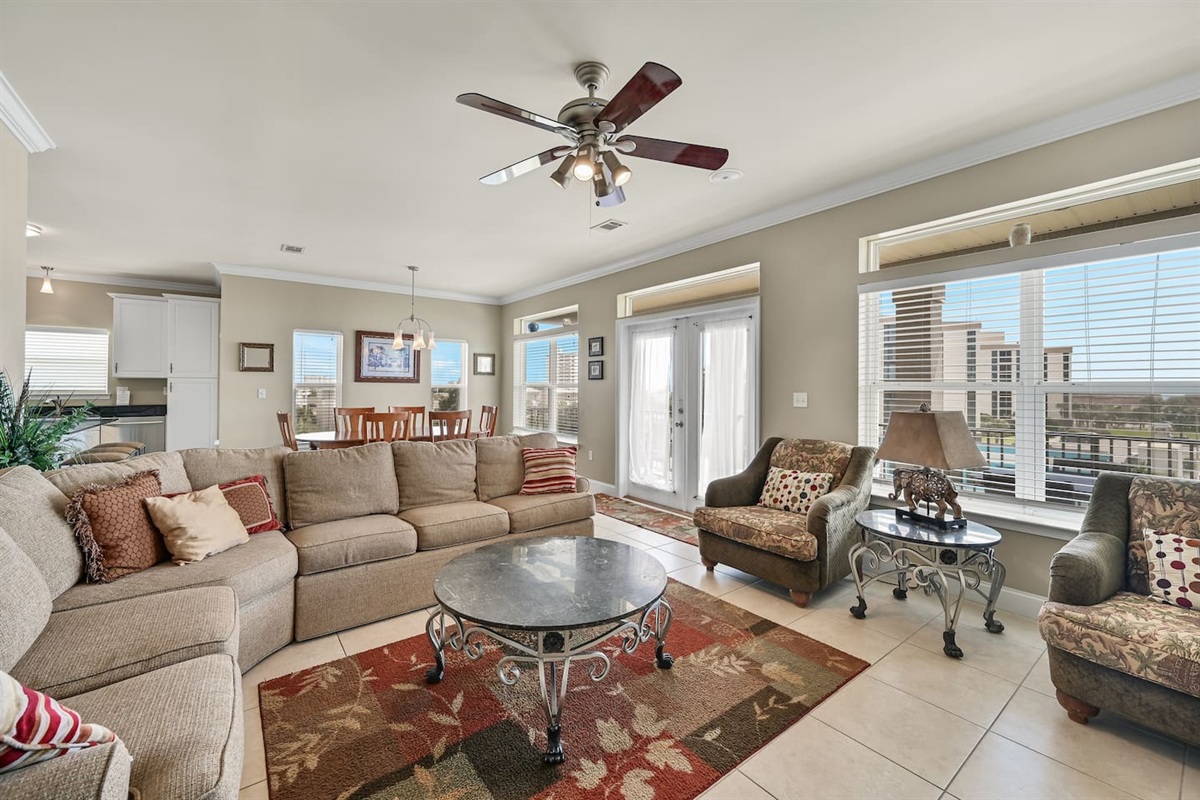 Living Room #3 (Third Floor) –  Large L-shaped sleeper sofa, accent chairs & TV