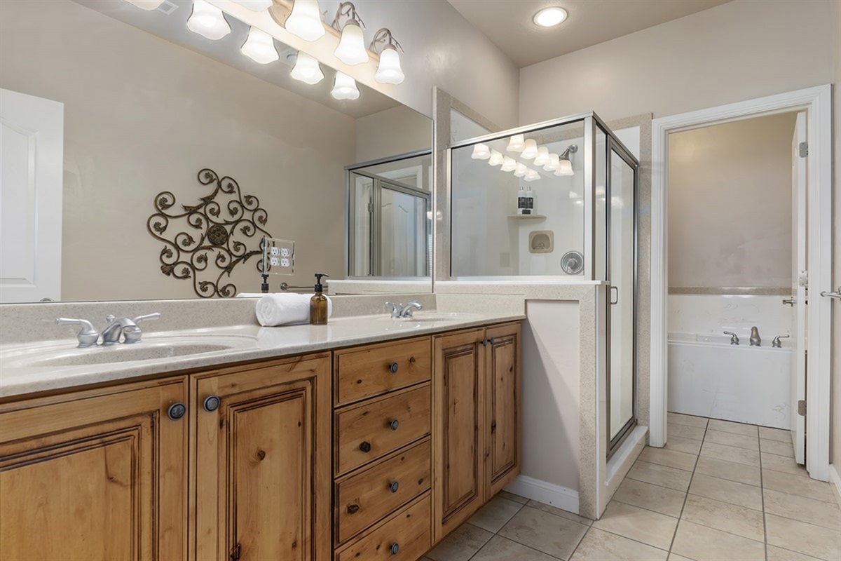 Spa-like primary bathroom with double vanity, walk-in shower, soaking tub, and elegant finishes.