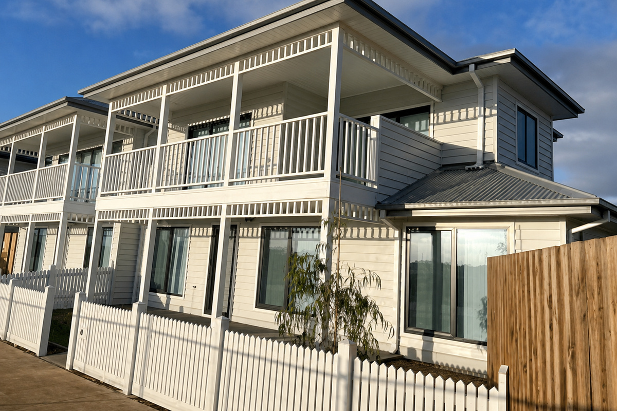 Front of the two-storey townhouse with the upstairs balcony and covered ground-floor verandah, set behind a white picket fence.