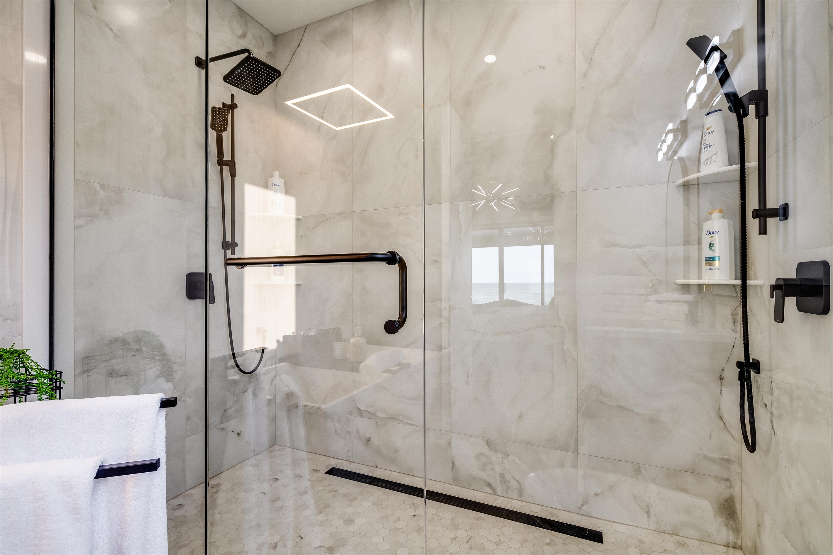 Glass Shower, in bathroom.