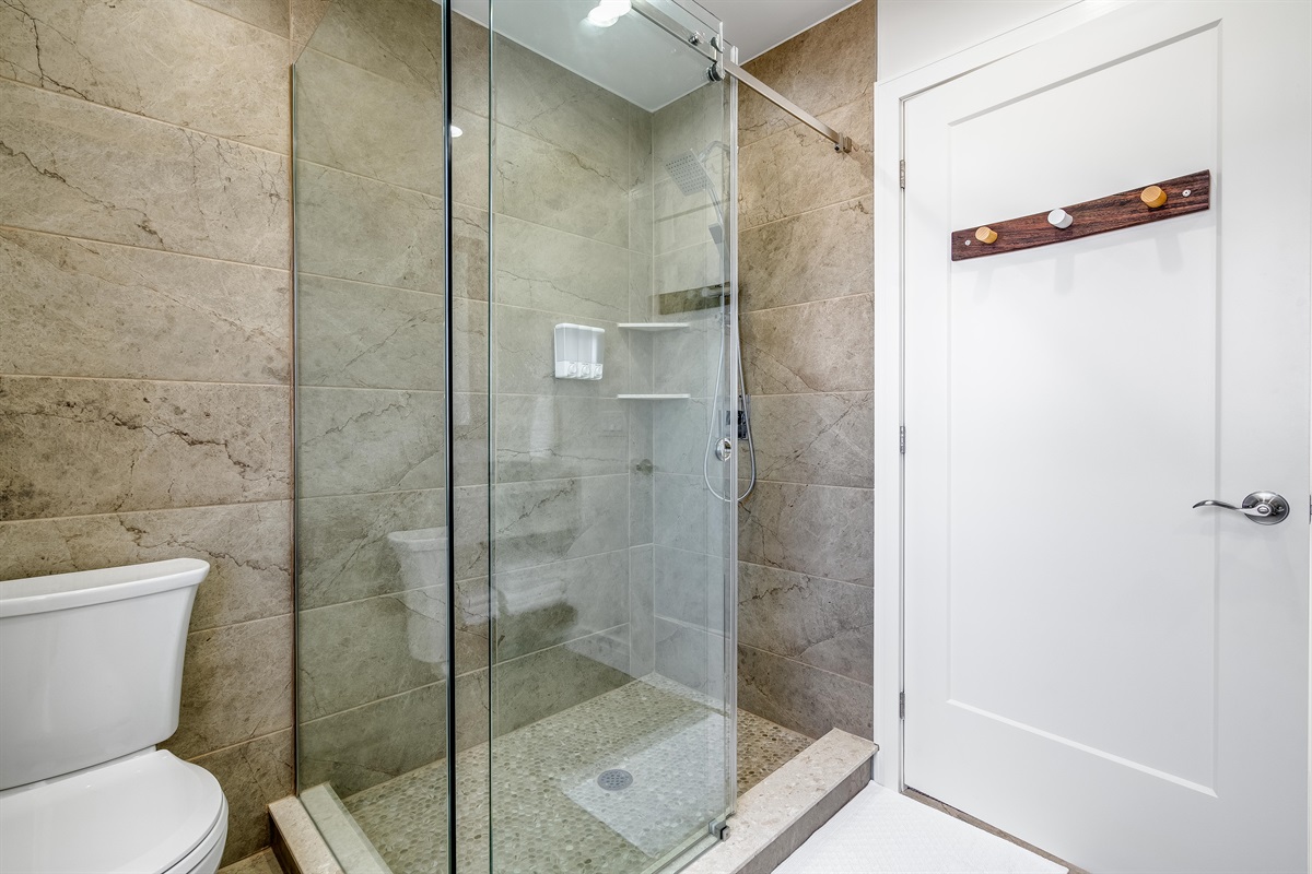 Clean Full Bathroom, minimalist palette with organic warmth.