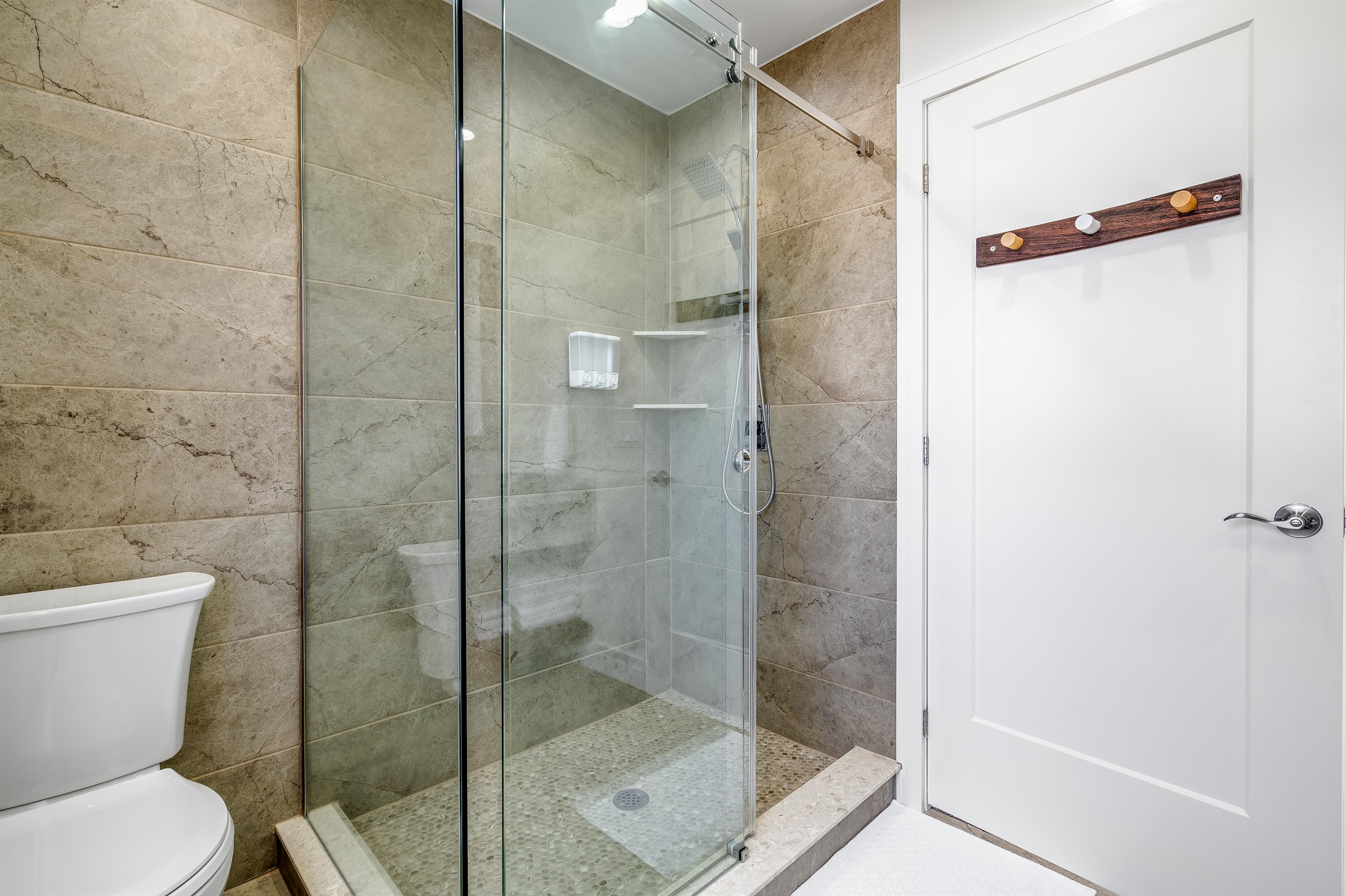 Clean Full Bathroom, minimalist palette with organic warmth.
